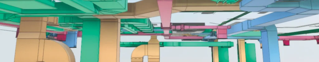 Vista inferior de modelagem 3D de sistema de dutos de ar-condicionado em projeto BIM de climatização