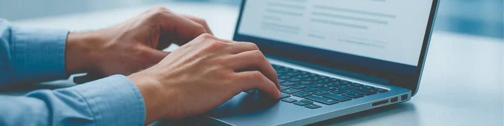 Mãos humanas digitando em um notebook prateado sobre mesa minimalista em escritório moderno e iluminado, com tons claros e detalhes em azul corporativo