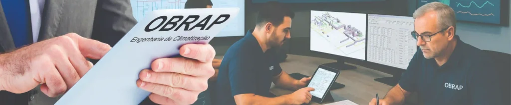 Equipe da OBRAP Engenharia de Climatização realizando atividades de engenharia consultiva, com análise de projetos HVAC, tablets e modelos técnicos em telas de controle.