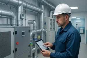 Engenheiro de climatização inspecionando sistema HVAC hospitalar em sala de máquinas moderna com dutos metálicos e filtros HEPA, representando projeto de ar condicionado hospitalar