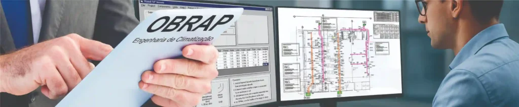 Engenheiro projetista da OBRAP Engenharia de Climatização analisando planta técnica de sistema de ventilação e exaustão em ambiente corporativo